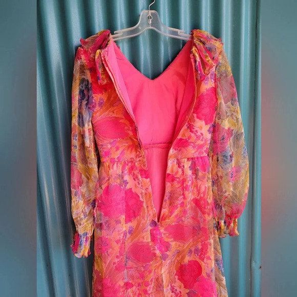 Vintage Pink Floral Chiffon Dress  Long Sleeves Long Small 70s Mrs, Roper - Picture 10 of 12